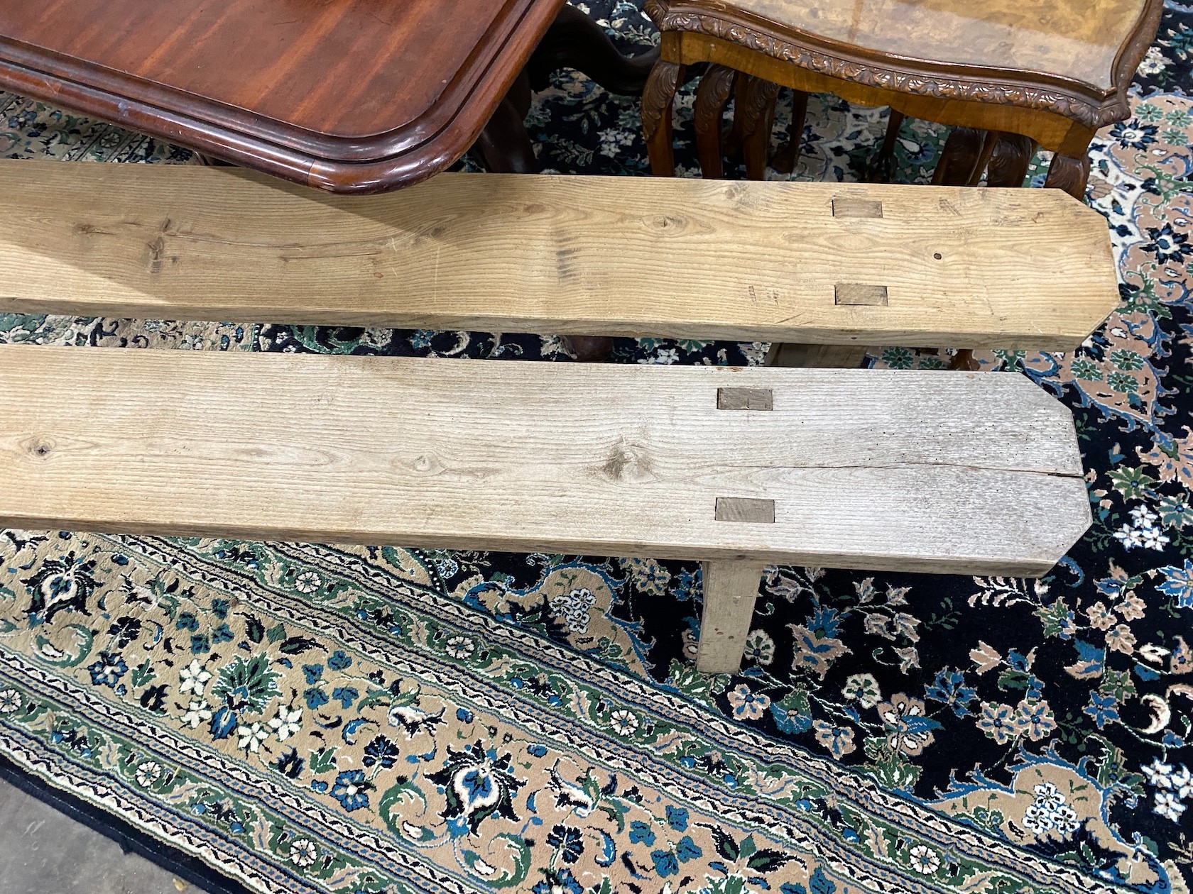 A pair of 19th century provincial elm benches, length 260cm, width 21cm, height 44cm